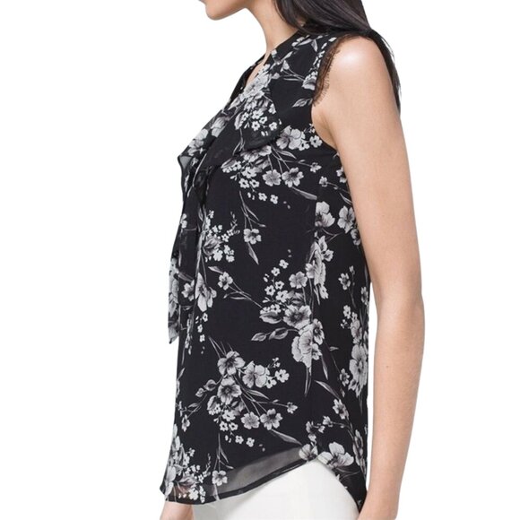 T Tahari Black Floral Lace Cap Sleeve Tie Neck Lightweight Blouse Medium Career - Picture 4 of 14